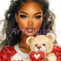 Watercolor portrait of a woman holding a teddy bear with a red heart. Romantic Valentine illustration for planner layouts and cards.