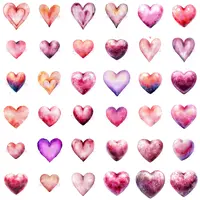 Large grid view showing variety of watercolor heart clipart. Colorful love symbols isolated for stickers, planners and POD mug designs.