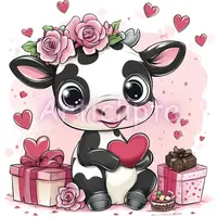 Watercolor cute black and white cow wearing rose flower crown holding a heart. Farm animal Valentine clipart with gift boxes for crafts.