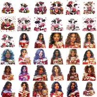 Grid view showing cute black and white cows with gifts alongside Valentine girls holding bears. Watercolor style mixed clipart set for sublimation and digital crafting.