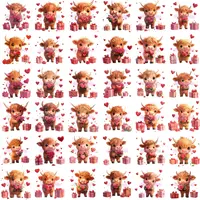 Grid view showing variety of poses of highland cows with Valentine's Day themes. Watercolor style cattle holding love hearts and flowers for sublimation projects.