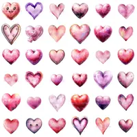 Assortment of decorative hearts including jeweled styles and cute character faces. Watercolor Valentine elements suitable for sticker sheets and activity books.