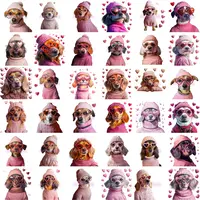 Grid view featuring funny dogs with heart-shaped glasses and pink knitwear. Watercolor style puppy collection for Valentine's Day cards and low content book covers.