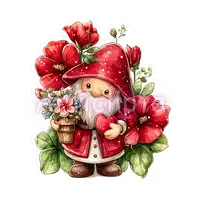Watercolor garden gnome with white beard holding red heart and hibiscus flowers. Fantasy Valentine clipart for sublimation and mugs.