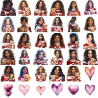 Grid view showing diverse girls holding teddy bears and hearts for Valentine's Day. Watercolor style portraits in red sweaters suitable for sublimation and planner stickers.