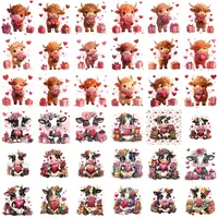 Grid view showing fluffy highland cows holding red roses and hearts. Cute Valentine's Day animal clipart variety pack for POD t-shirts and greeting cards.