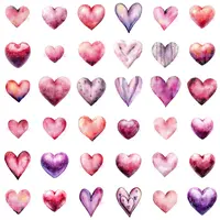 Full collection preview of artistic watercolor hearts in various textures and colors. Decorative love symbols perfect for digital scrapbooking, planner layouts, and wedding invitations.