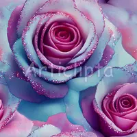 Seamless floral texture featuring large blue and pink roses with sparkling glitter edges. Digital paper background for sublimation and journal covers.