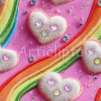 Digital paper simulating an embroidery texture with rainbow stripes and jeweled heart patches on pink background. Seamless pattern for fabric printing.