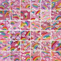 Grid view showing variety of sparkling rainbow and heart designs with realistic embroidery texture. Cute pink assortment perfect for sublimation and digital paper.