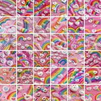 Seamless background collection with glittery rainbows and hearts in a patch art style. Vibrant textures ideal for kids' clothing prints and digital crafts.