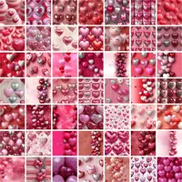 Large grid view of seamless patterns showing metallic heart balloons in pink and red shades. Festive digital paper assortment for wrapping paper and planner layouts.