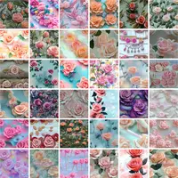 Grid view showing variety of peach and pink rose patterns with frosting and embroidery textures. Assortment of romantic styles for wedding decor and backgrounds.