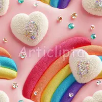 Video preview of Pink Glitter Embroidery Pattern Bundle. Slideshow featuring 30 seamless digital papers with rainbows and fluffy hearts. High-resolution JPGs for POD.