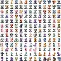 Grid view showing variety of cute baby dragon poses in watercolor style. Colorful fantasy creatures ideal for children's book illustrations and fantasy stickers.