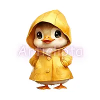Watercolor cute duckling wearing a yellow raincoat hood. Adorable baby bird clipart ideal for nursery decor and rainy day designs.