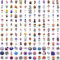 Grid view display of mixed floral clipart featuring single stems and colorful blossoms. Watercolor botanical collection ideal for planner stickers and digital journaling.