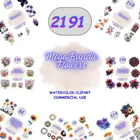 2191 Watercolor Flowers Clipart Mega Bundle including wildflowers, roses, and whimsical floral arrangements. Isolated botanical PNGs for wedding stationery.