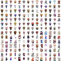 Grid view displaying watercolor flowers in vases, pots, and baskets. Rustic floral arrangements in containers suitable for cottagecore designs, stickers and home decor.