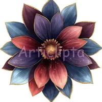 Stylized dark purple and blue flower clipart with gold glitter edges arranged in a mandala shape. elegant floral design for luxury wedding invites and sublimation.