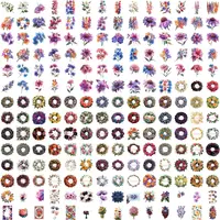 Grid view showing assortment of purple and pink floral elements, wreaths and stems. Romantic watercolor flowers suitable for Valentine's designs, greeting cards and POD.