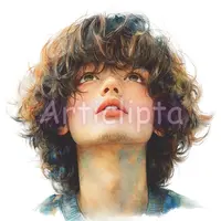 Watercolor portrait of a young boy with curly brown hair looking upwards. Artistic human character illustration for book covers, emotional designs and wall art.
