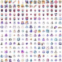 Grid view showing variety of watercolor clipart including patriotic cupcakes, cute colorful ghosts, and tropical summer leaves. Assortment for planner stickers.