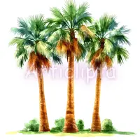 Trio of tall green palm trees watercolor illustration with textured brown trunks. Tropical summer clipart ideal for beach party invites and travel themed designs.