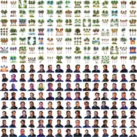 Collection preview featuring tropical palm tree clipart and handsome men portraits. Assortment of summer vacation elements and male avatars for character design and POD projects.