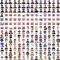 Grid view displaying vintage pink typewriters, realistic male portraits, and anime style boy characters. Diverse clipart collection for digital collage.