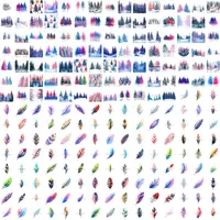 Full collection preview featuring watercolor forest landscapes and snowy winter trees mixed with detailed boho feathers. Perfect for scrapbooking backgrounds.