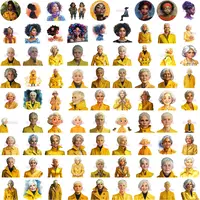 Grid view showing artistic watercolor portraits of African American women and senior ladies wearing yellow coats. Diverse female character clipart bundle.