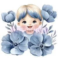Adorable smiling child face surrounded by large blue watercolor anemone flowers. Sweet floral portrait clipart suitable for nursery decor and baby shower projects.