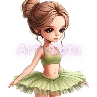 Stylized cute girl character with brown hair in a bun wearing a green sports top and tutu skirt. Adorable ballerina clipart for dance themed sublimation and stickers.