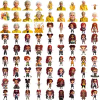 Assortment of watercolor illustrations featuring grandmothers in yellow coats and cute African American chibi girls. Grid view for character creation projects.