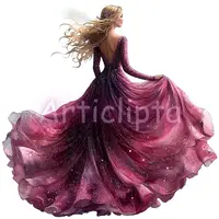 Fashion illustration of a woman seen from behind wearing a sparkling flowing purple gown with long blonde hair. Glamour dress clipart perfect for wedding invitations.