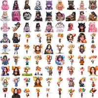 Grid displaying kawaii anime girls with cat ears and cute chibi characters holding balloons. Colorful watercolor illustrations for planner stickers.