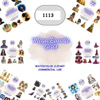 1501 Watercolor Girls Clipart Mega Bundle featuring aesthetic women, princesses, 90s fashion, and boho styles. High-quality isolated PNGs for planner stickers.