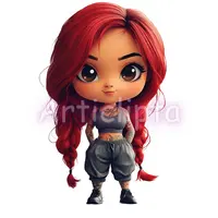 Chibi style character with bright red braided hair and tattoos wearing grey urban sportswear. Edgy cute girl clipart ideal for planner stickers and digital scrapbooking.