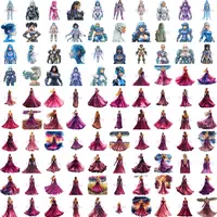 Grid view showing diverse women in sci-fi armor and elegant galaxy-themed ballgowns. Large collection of watercolor female character clipart for digital crafting.