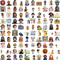 Grid view showing variety of stylized female portraits with floral elements and spring themes. Whimsical watercolor girls for digital scrapbooking.