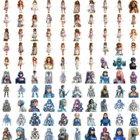 Collection preview featuring women in summer beach dresses contrasted with futuristic sci-fi cyborg girls in armor. Unique clipart for mixed media projects.