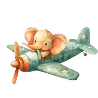 Watercolor baby elephant flying a green vintage airplane with propeller. Cute aviator animal clipart ideal for boys nursery wall art and adventure designs.