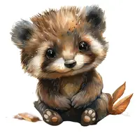Watercolor baby raccoon sitting among dry autumn leaves. Fluffy woodland animal clipart suitable for fall scrapbooking and forest themed projects.