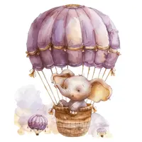 Watercolor baby elephant riding in a purple hot air balloon basket. Whimsical animal clipart perfect for baby shower invitations and greeting cards.