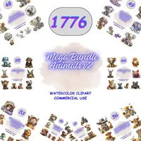 1776 Watercolor Animal Clipart Mega Bundle featuring elephants, monkeys, highland cows, and forest creatures. Large collection of high-quality isolated PNGs for sublimation.