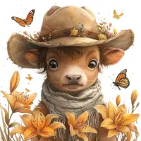 Watercolor cute calf wearing a cowboy hat surrounded by orange lilies and butterflies. Western farm animal clipart for sublimation and country designs.