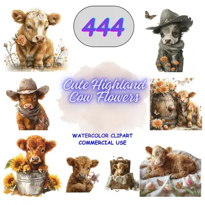 Highland Cow Flower Mega Clipart Bundle PNG